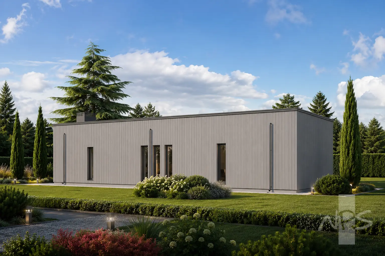 Proiect de casa parter 129 m²: 3 Dormitoare, 2 Bai, Bucatarie deschisa, Garaj