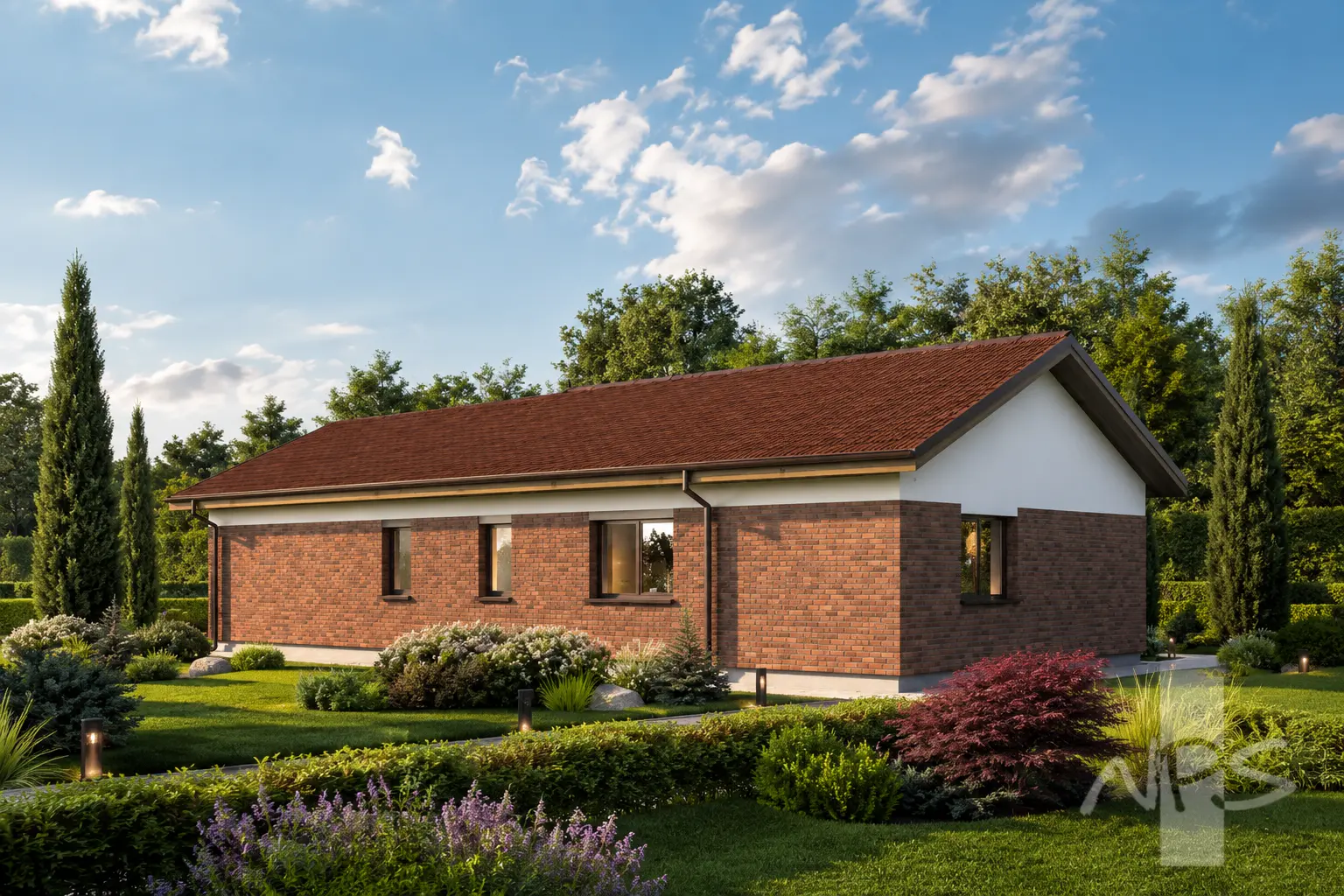 Proiect de casa parter 118 m²: 3 Dormitoare, 1 Bai, Bucatarie deschisa, Garaj