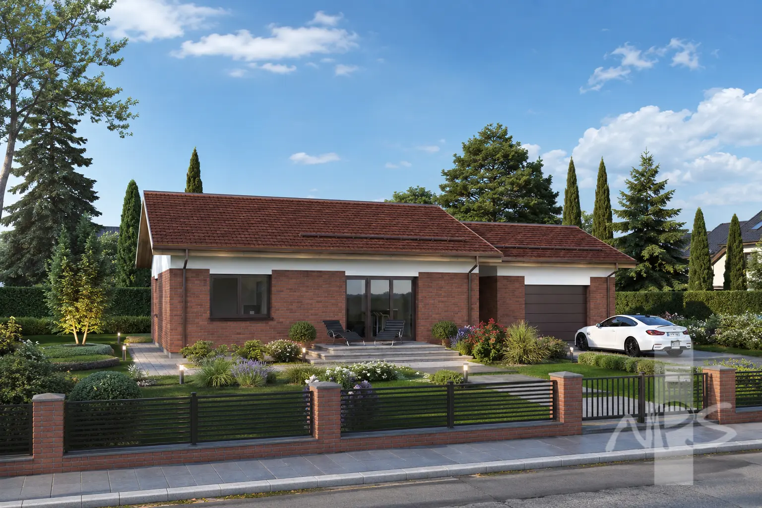 Proiect de casa parter 118 m²: 3 Dormitoare, 1 Bai, Bucatarie deschisa, Garaj