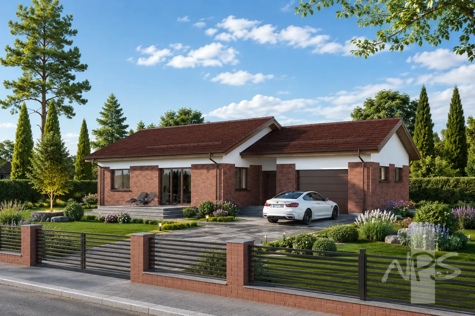 Proiect de casa parter 118 m²: 3 Dormitoare, 1 Bai, Bucatarie deschisa, Garaj