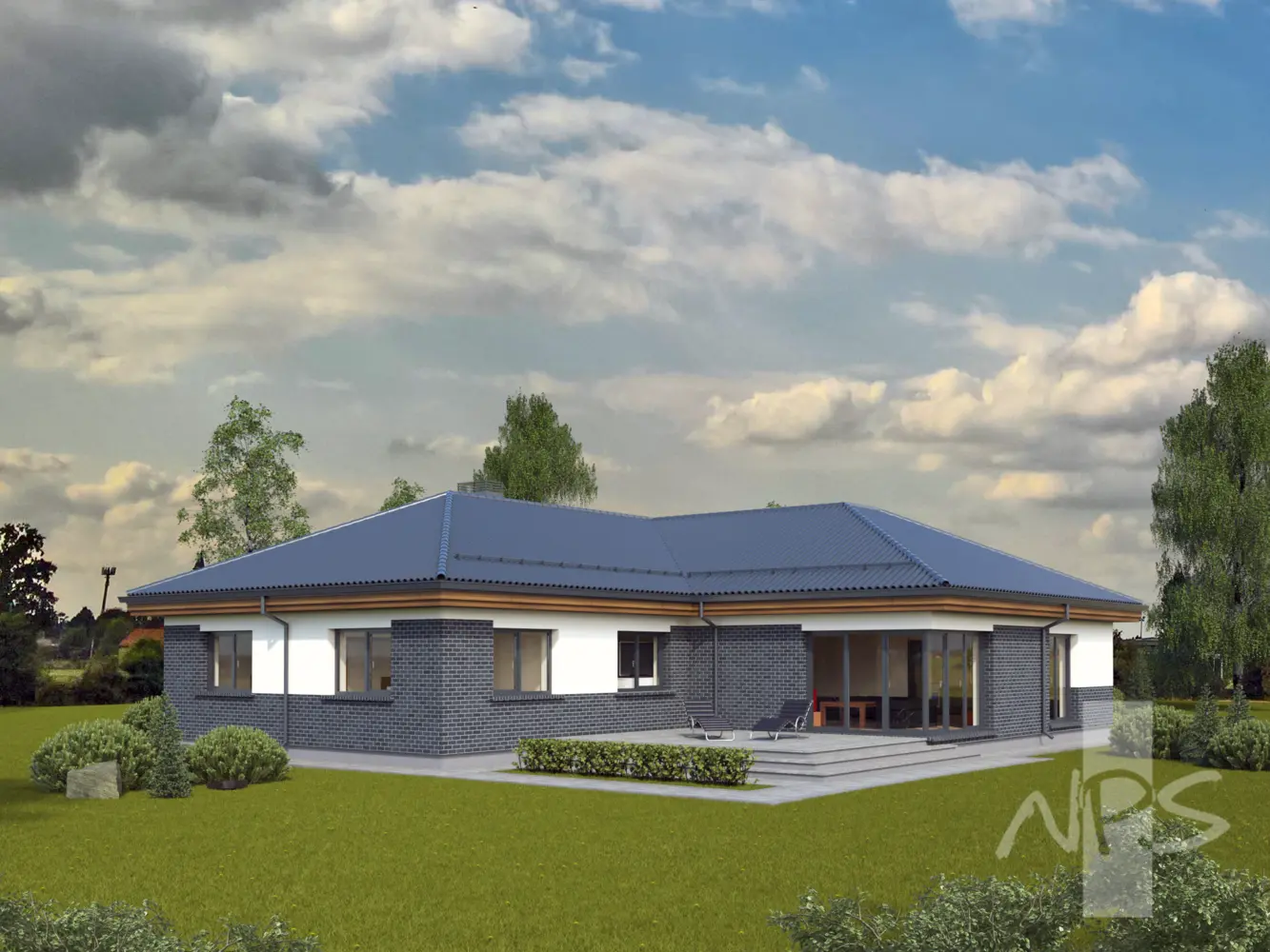 Proiect de casa parter 189 m²: 3 Dormitoare, 2 Bai, Bucatarie deschisa, Garaj