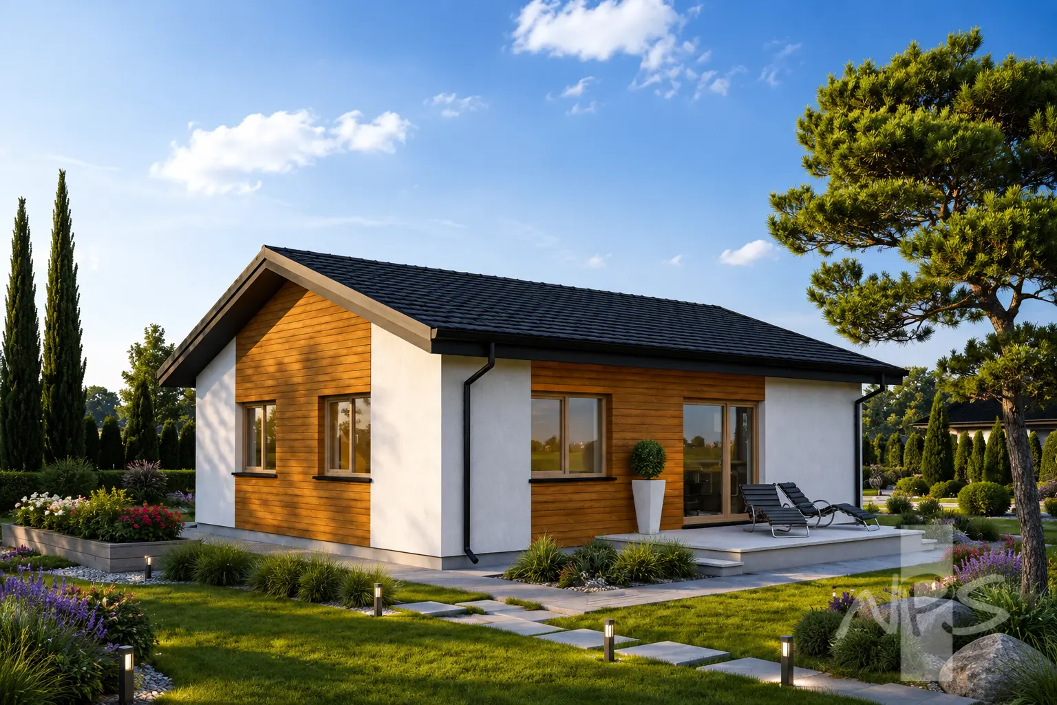 Proiect de casa parter 79 m²: 2 Dormitoare, 1 Bai, Bucatarie deschisa, fara Garaj