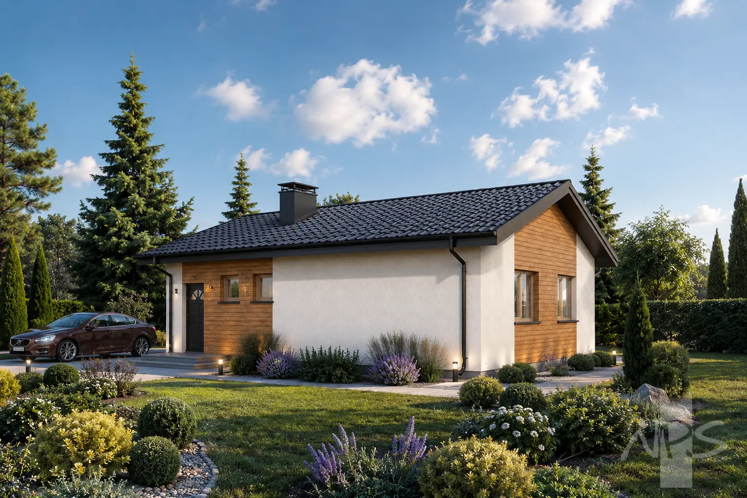 Proiect de casa parter 79 m²: 2 Dormitoare, 1 Bai, Bucatarie deschisa, fara Garaj