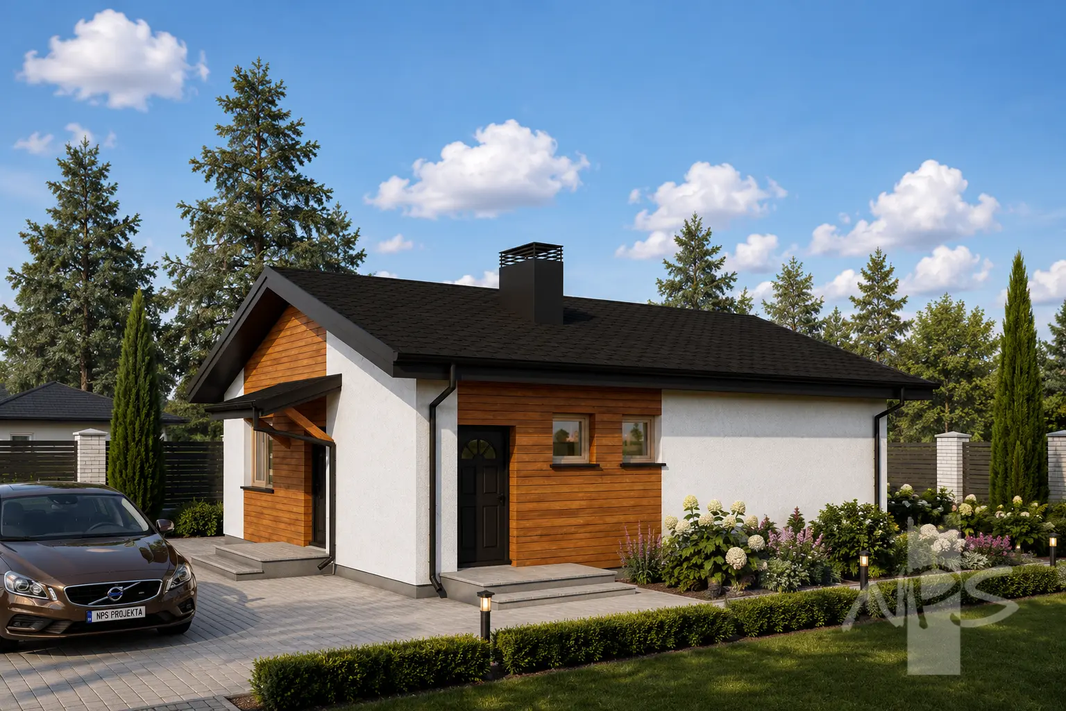 Proiect de casa parter 79 m²: 2 Dormitoare, 1 Bai, Bucatarie deschisa, fara Garaj