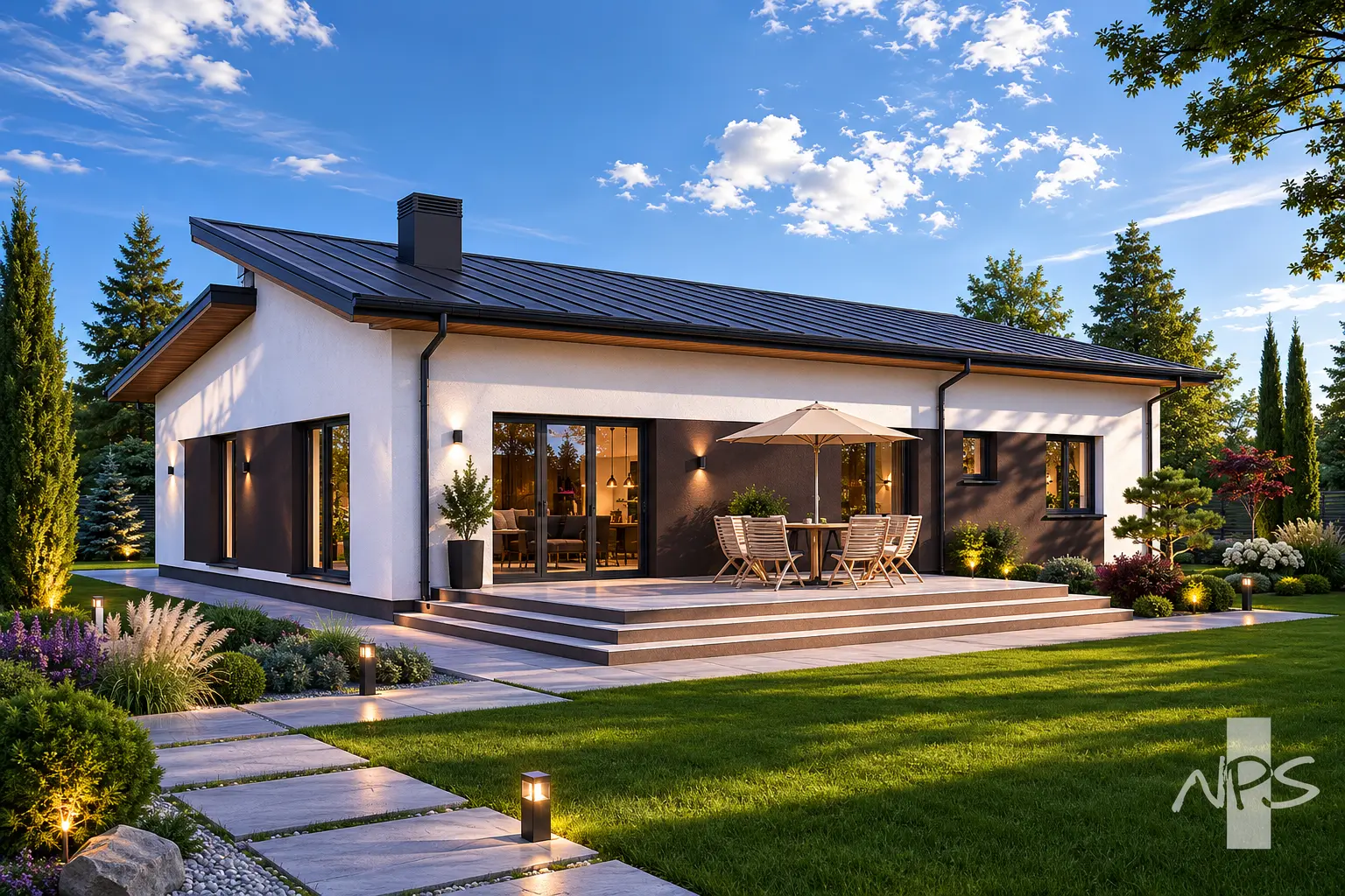 Proiect de casa parter 154 m²: 3 Dormitoare, 2 Bai, Garaj