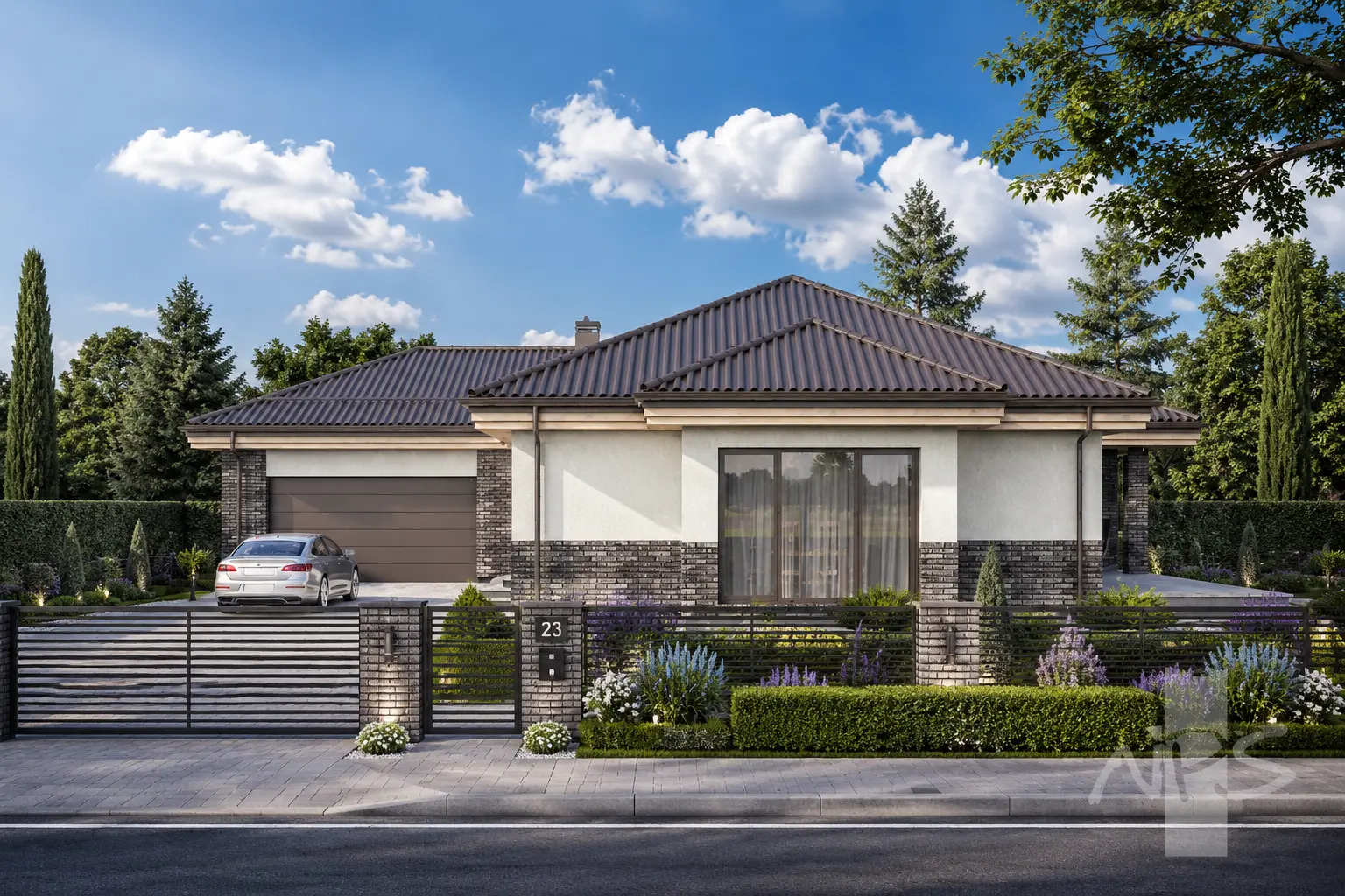 Proiect de casa parter 171 m²: 3 Dormitoare, 1 Bai, Bucatarie deschisa, Garaj