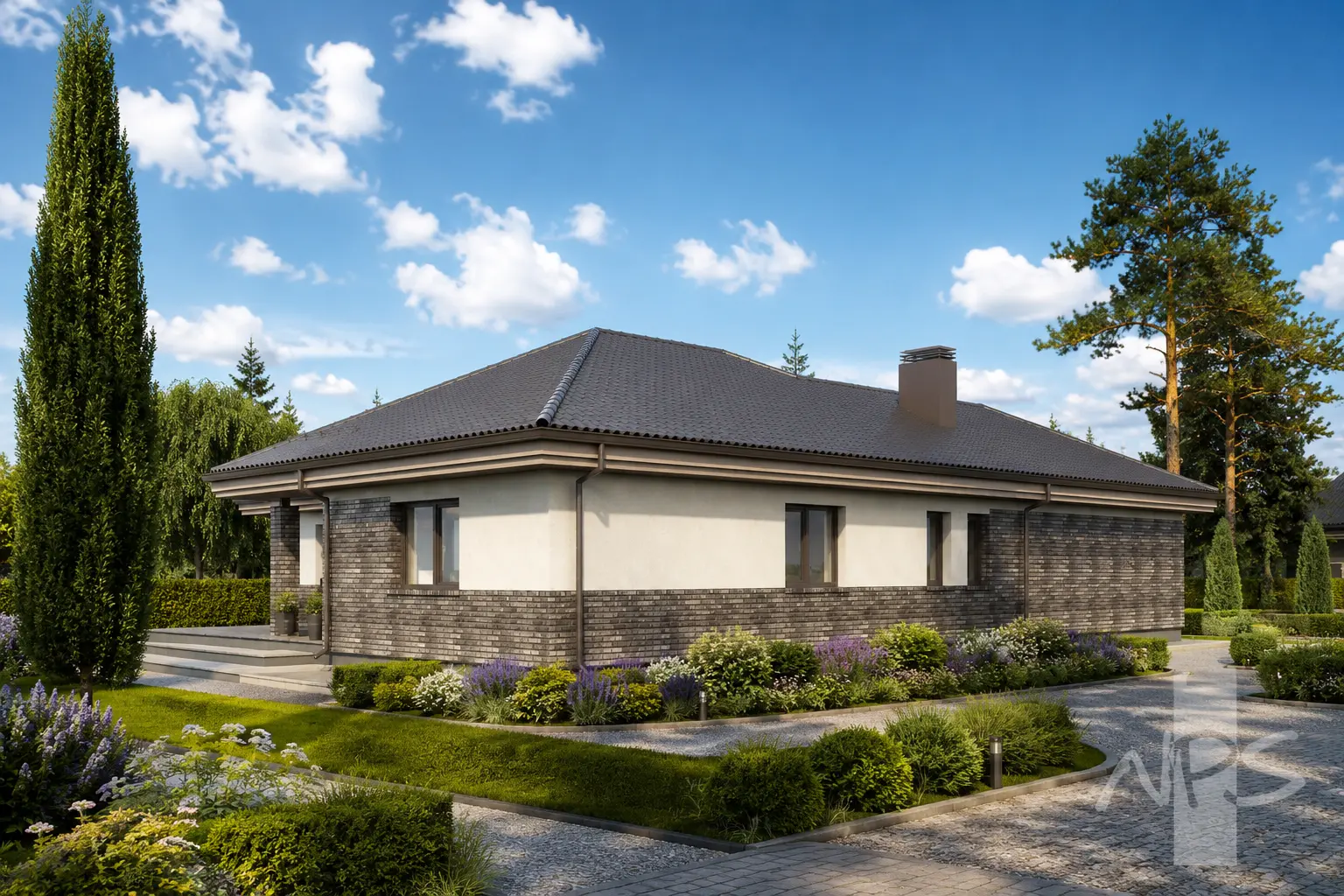 Proiect de casa parter 171 m²: 3 Dormitoare, 1 Bai, Bucatarie deschisa, Garaj