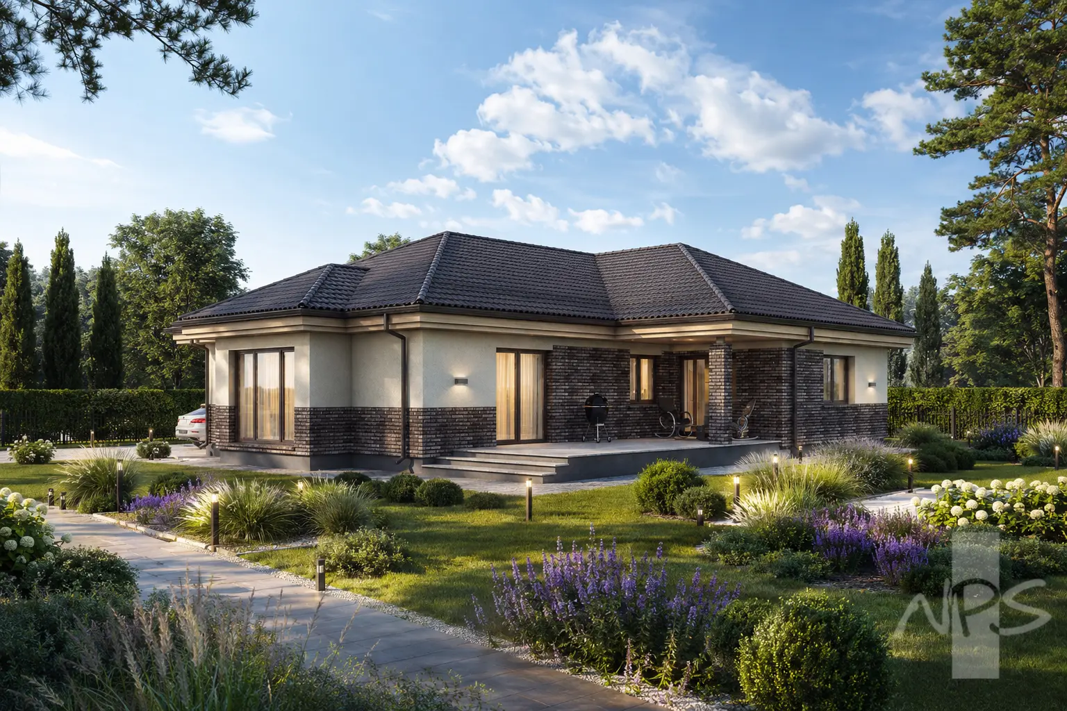 Proiect de casa parter 171 m²: 3 Dormitoare, 1 Bai, Bucatarie deschisa, Garaj