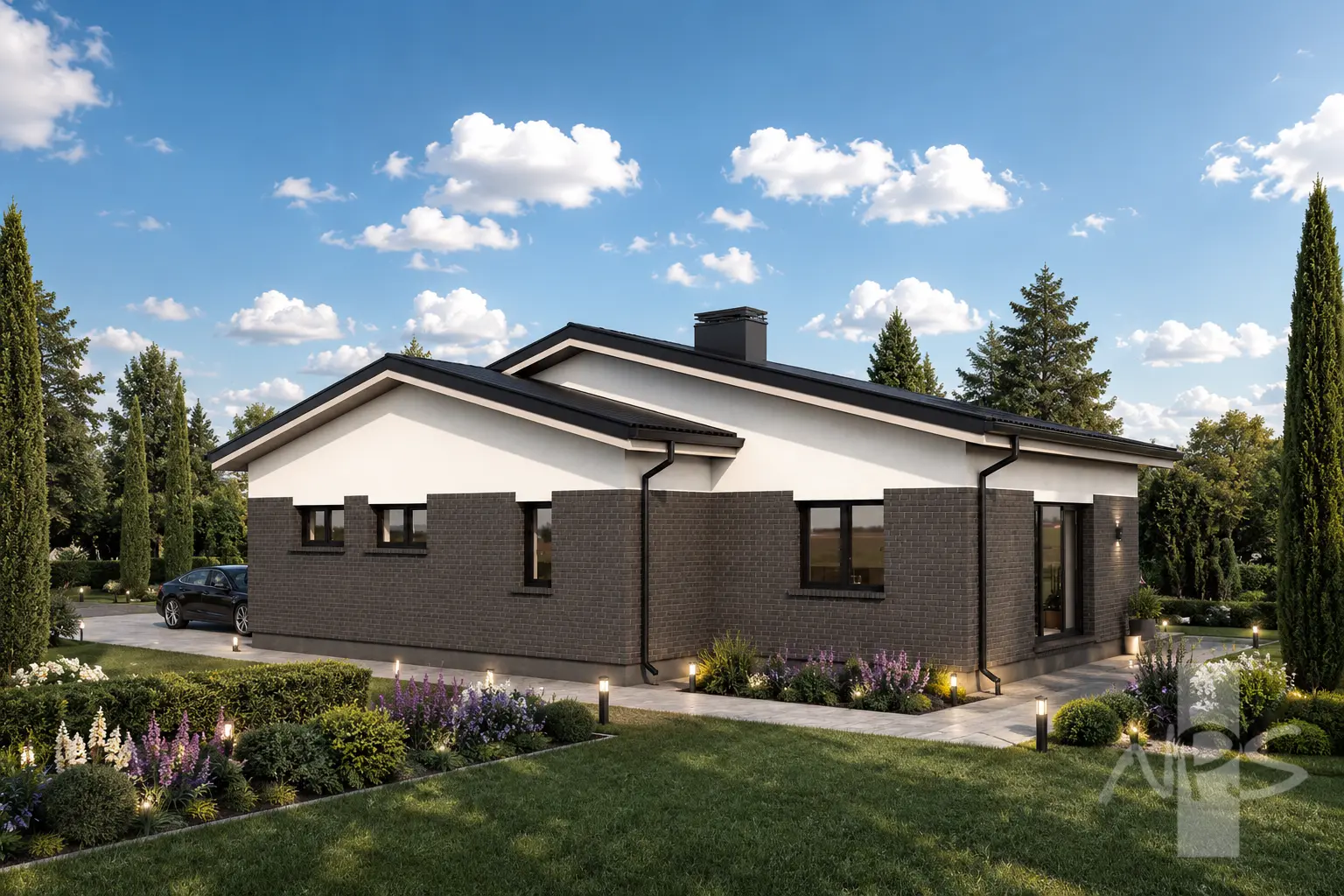 Proiect de casa parter 121 m²: 2 Dormitoare, Birou, 1 Bai, Bucatarie deschisa, Garaj