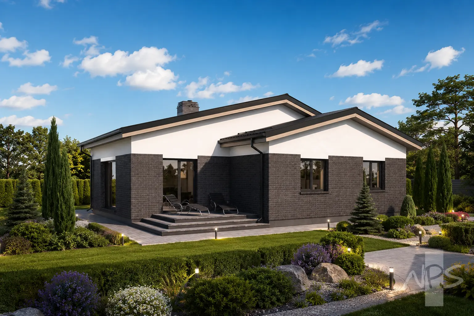Proiect de casa parter 121 m²: 2 Dormitoare, Birou, 1 Bai, Bucatarie deschisa, Garaj