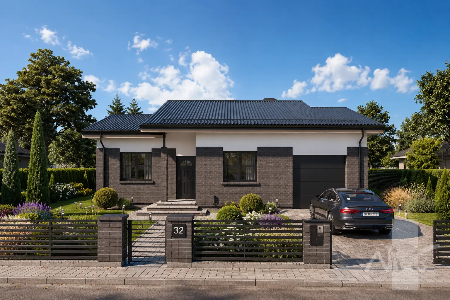 Proiect de casa parter 121 m²: 2 Dormitoare, Birou, 1 Bai, Bucatarie deschisa, Garaj