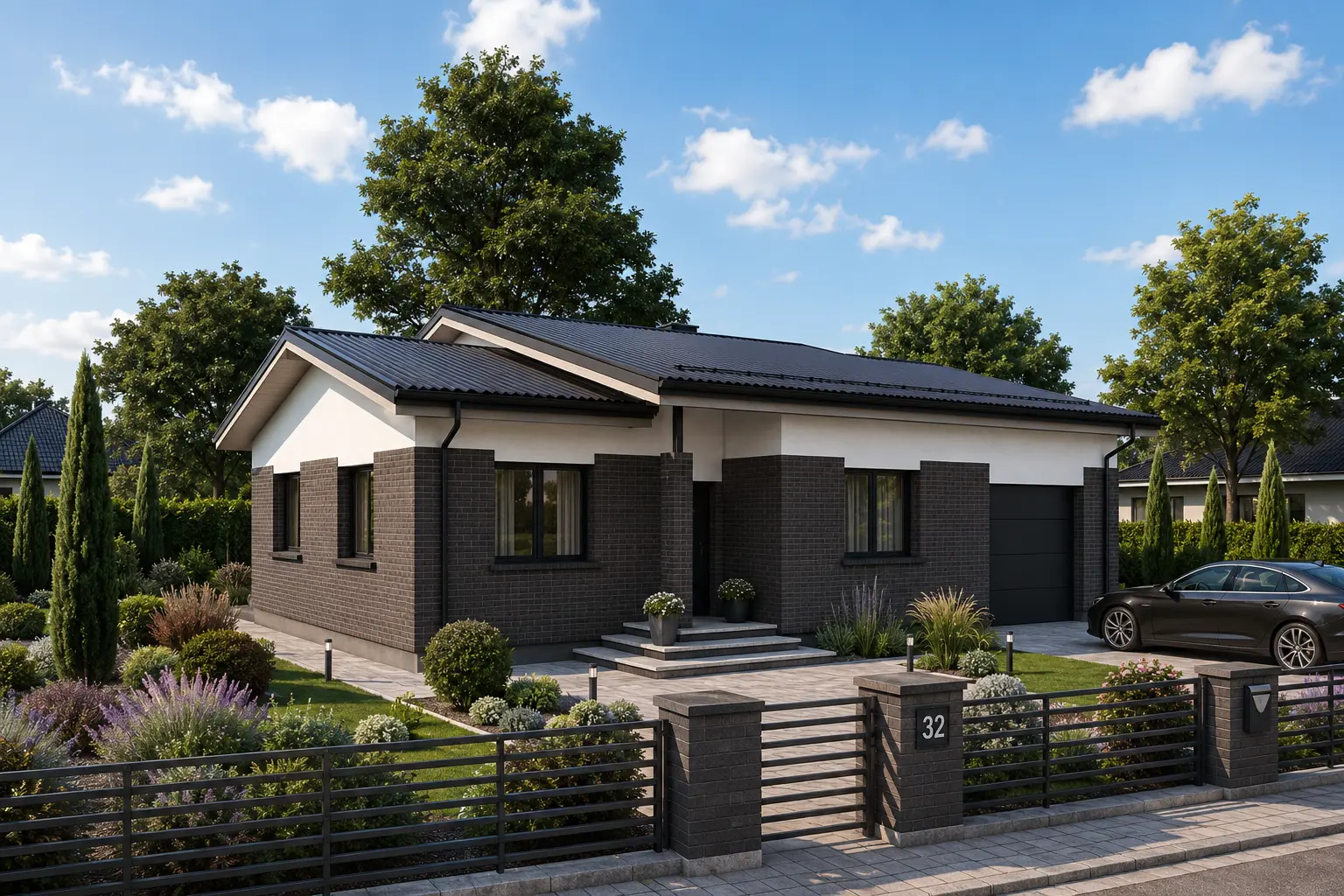 Proiect de casa parter 121 m²: 2 Dormitoare, Birou, 1 Bai, Bucatarie deschisa, Garaj
