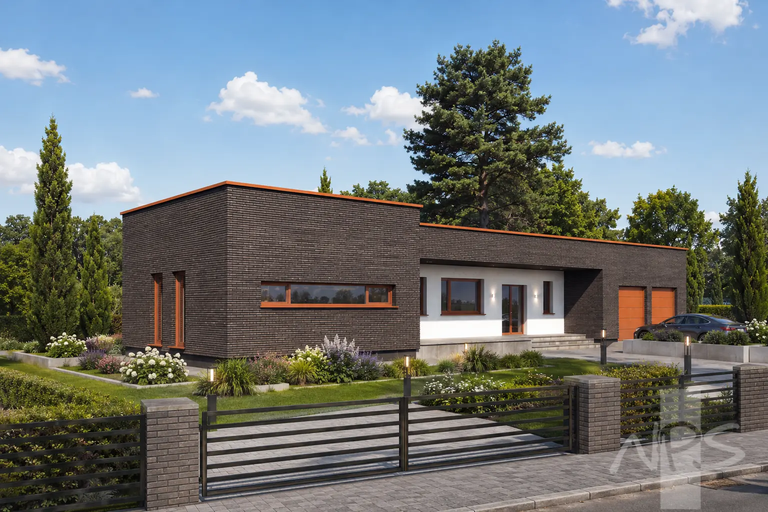 Proiect de casa parter 194 m²: 3 Dormitoare, Birou, 2 Bai, Bucatarie deschisa, Garaj
