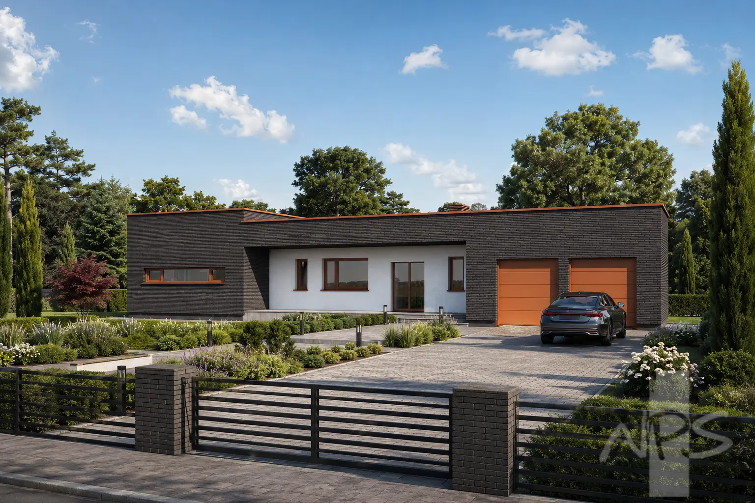 Proiect de casa parter 194 m²: 3 Dormitoare, Birou, 2 Bai, Bucatarie deschisa, Garaj