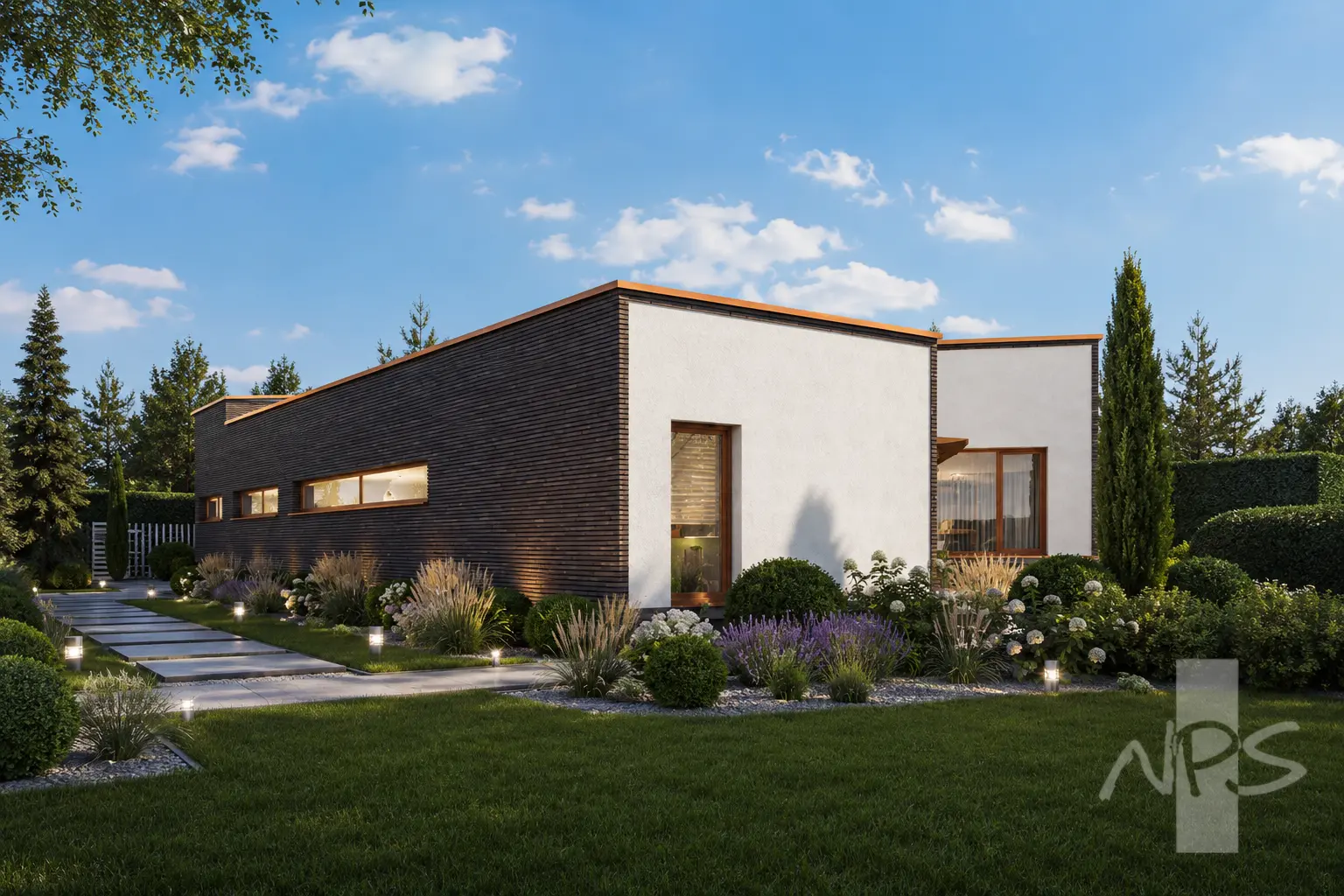 Proiect de casa parter 194 m²: 3 Dormitoare, Birou, 2 Bai, Bucatarie deschisa, Garaj