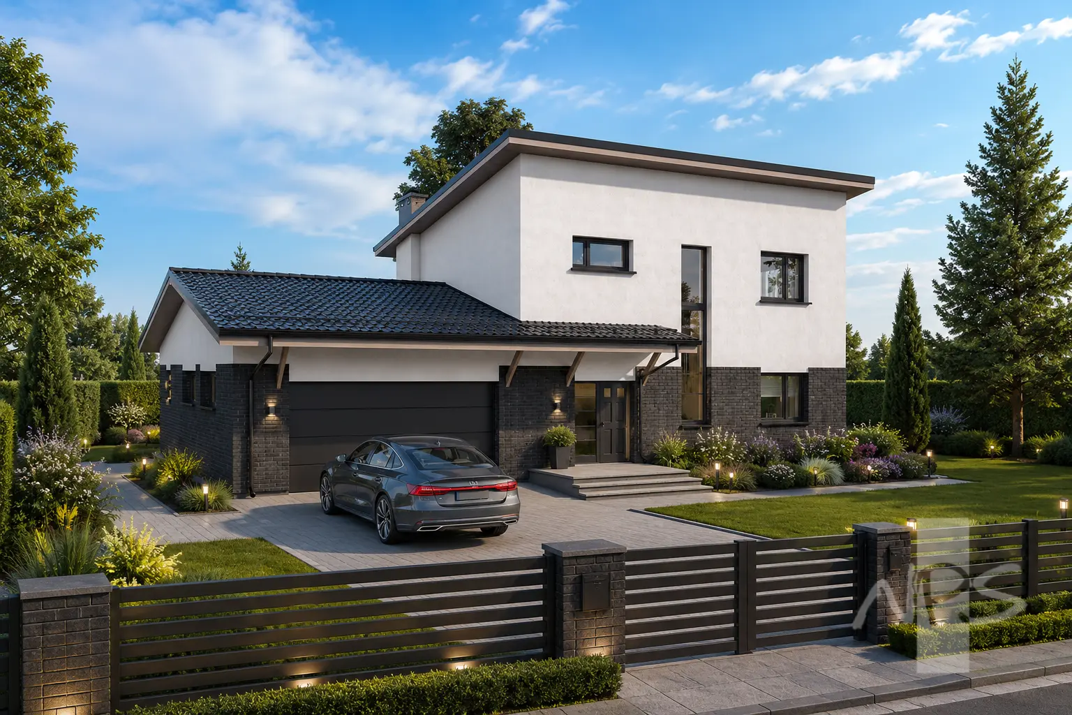Proiect de casa cu etaj 180 m²: 3 Dormitoare, Birou, 2 Bai, Bucatarie deschisa, Garaj