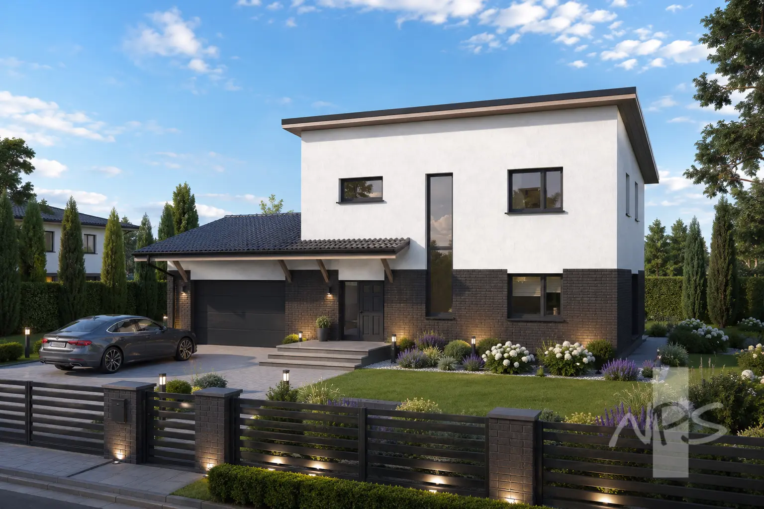 Proiect de casa cu etaj 180 m²: 3 Dormitoare, Birou, 2 Bai, Bucatarie deschisa, Garaj