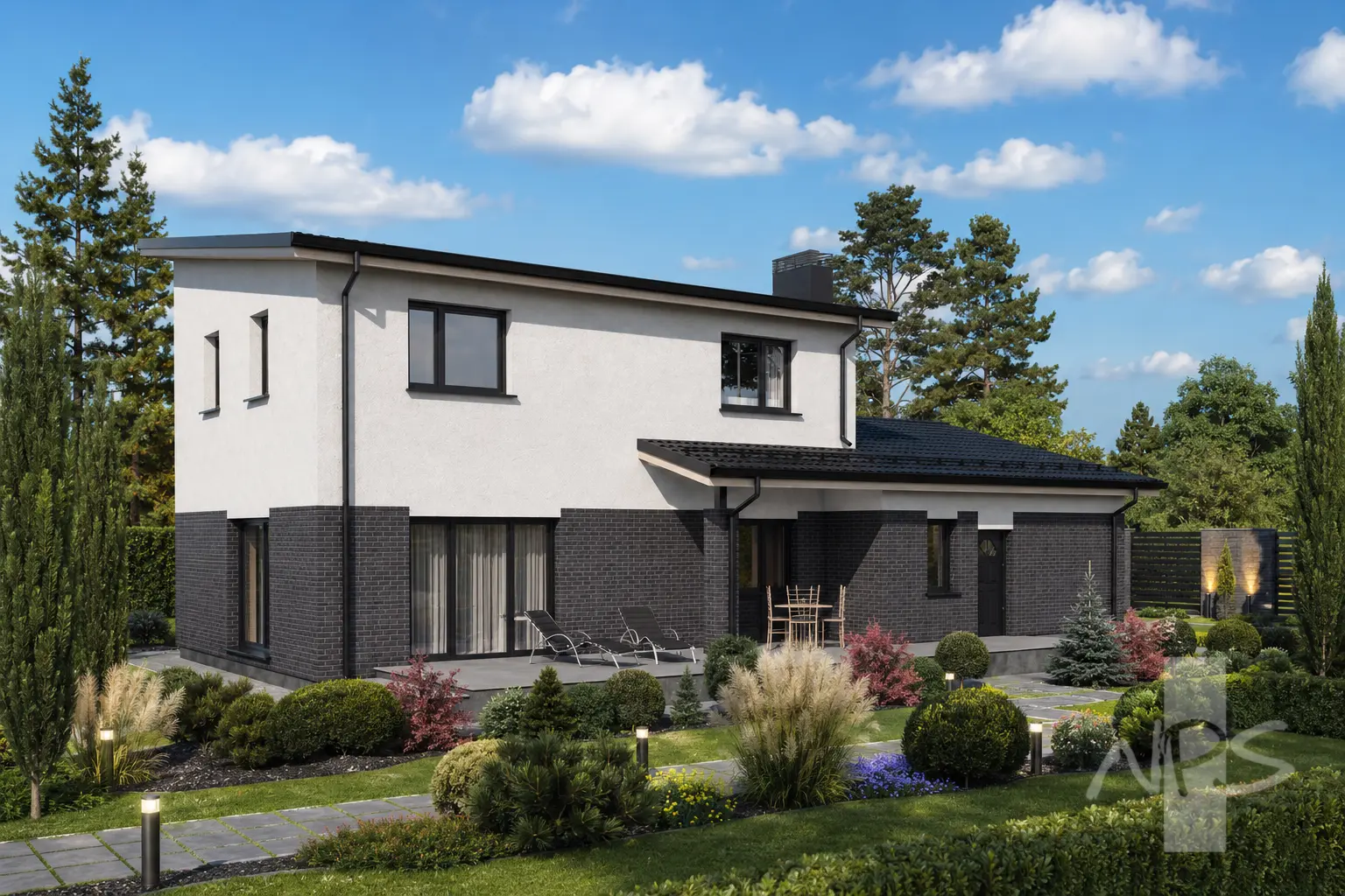 Proiect de casa cu etaj 180 m²: 3 Dormitoare, Birou, 2 Bai, Bucatarie deschisa, Garaj