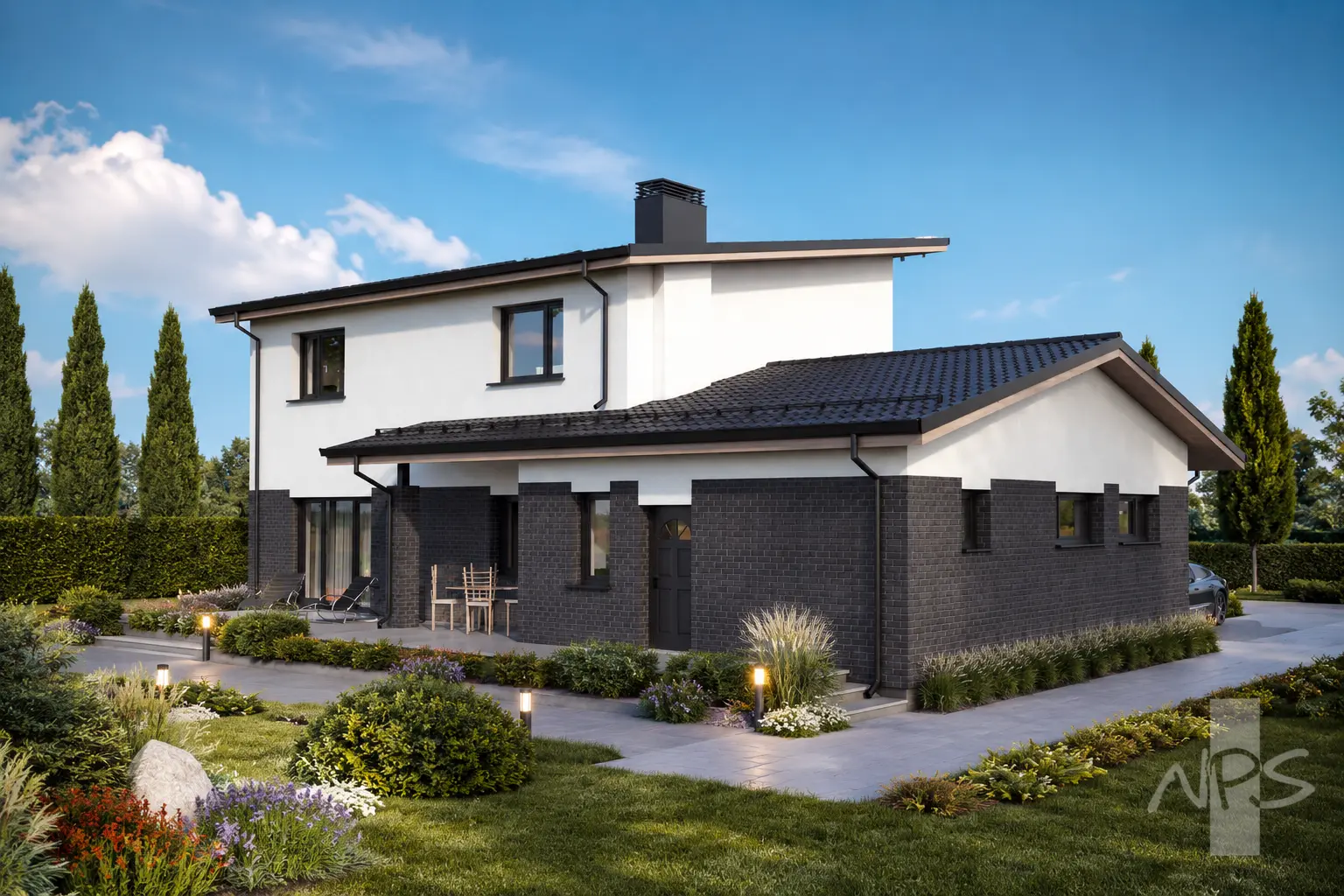 Proiect de casa cu etaj 180 m²: 3 Dormitoare, Birou, 2 Bai, Bucatarie deschisa, Garaj
