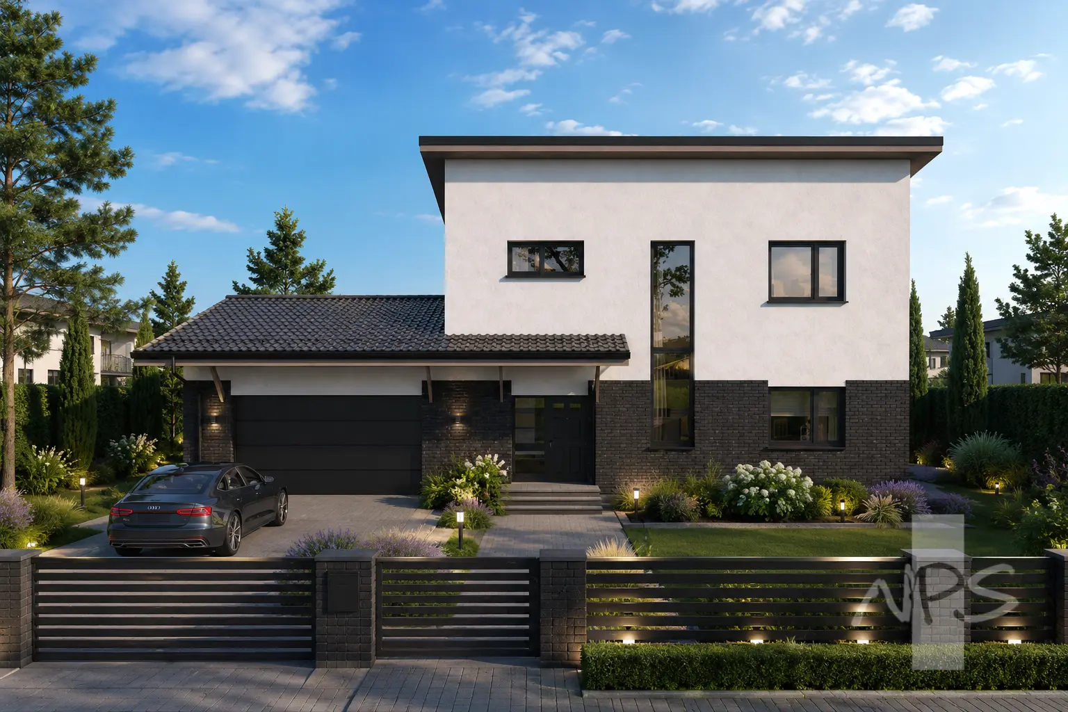 Proiect de casa cu etaj 180 m²: 3 Dormitoare, Birou, 2 Bai, Bucatarie deschisa, Garaj