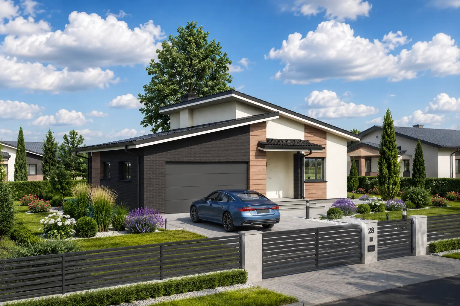 Proiect de casa parter 161 m²: 3 Dormitoare, 1 Bai, Bucatarie deschisa, Garaj