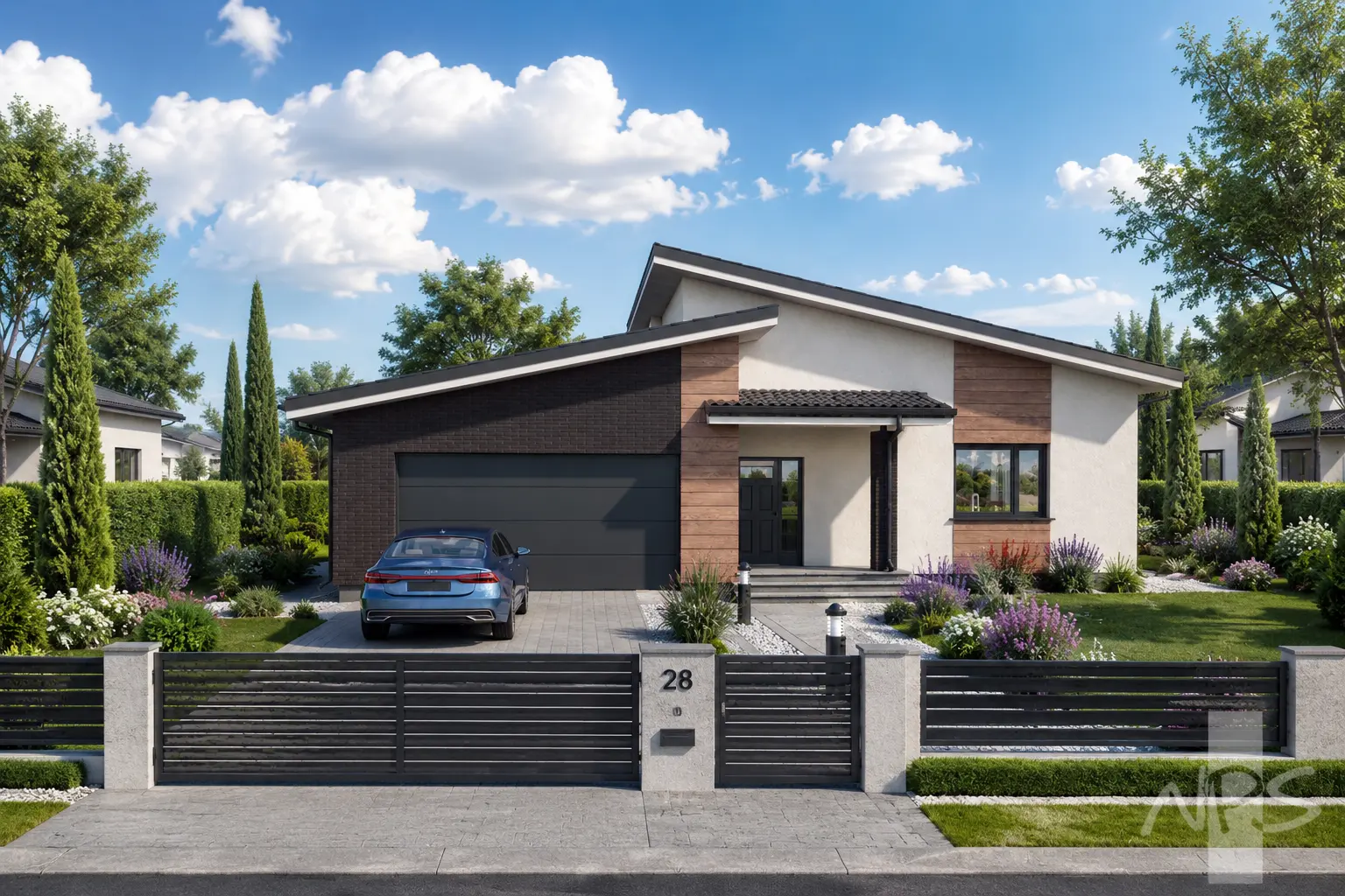 Proiect de casa parter 161 m²: 3 Dormitoare, 1 Bai, Bucatarie deschisa, Garaj
