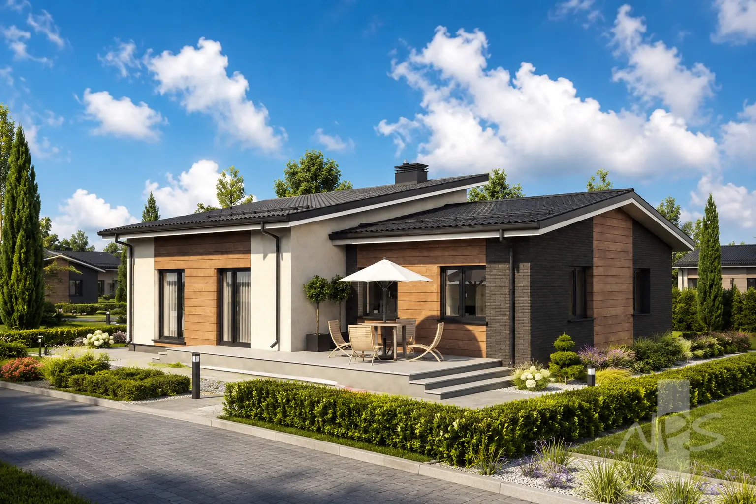 Proiect de casa parter 161 m²: 3 Dormitoare, 1 Bai, Bucatarie deschisa, Garaj