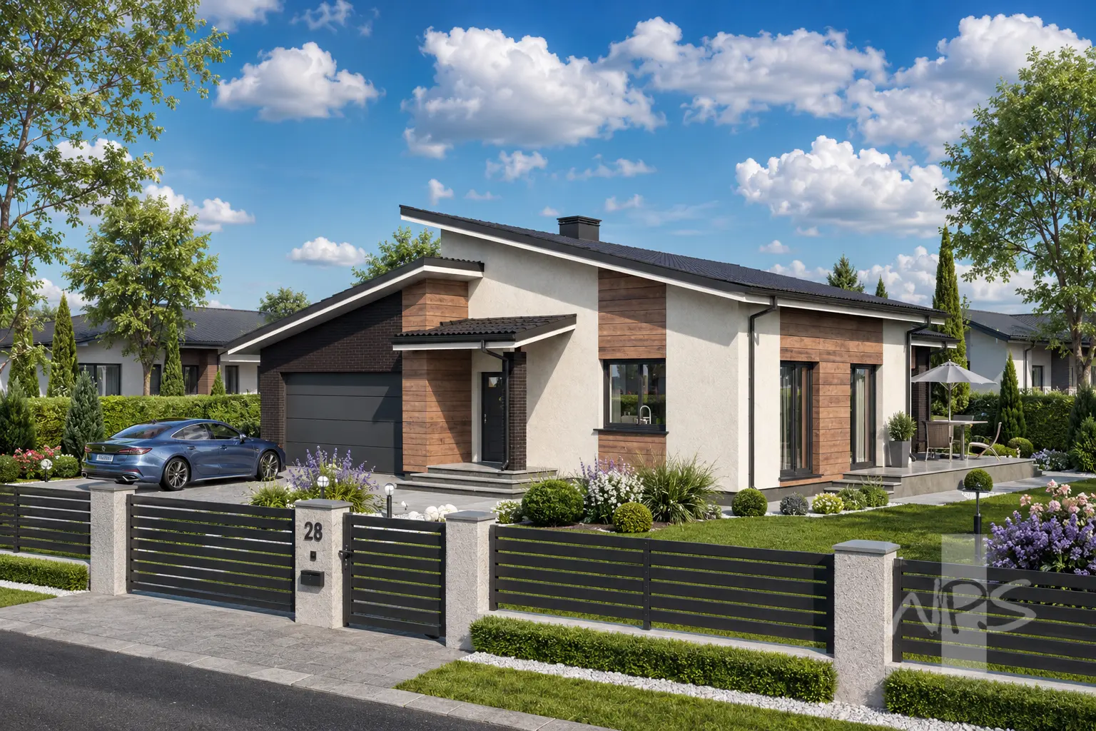 Proiect de casa parter 161 m²: 3 Dormitoare, 1 Bai, Bucatarie deschisa, Garaj