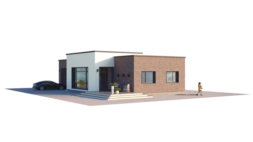Proiect de casa parter 138 m²: 3 Dormitoare, 1 Bai, Bucatarie deschisa, Garaj