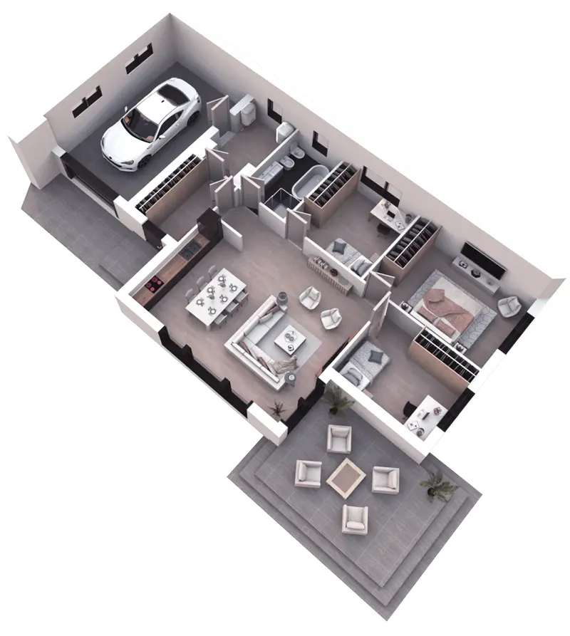 Proiect de casa parter 138 m²: 3 Dormitoare, 1 Bai, Bucatarie deschisa, Garaj