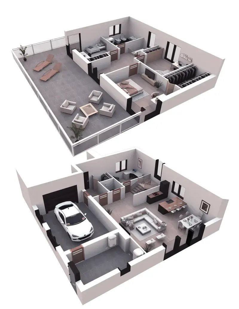 Proiect de casa cu etaj 167 m²: 3 Dormitoare, Birou, 2 Bai, Bucatarie deschisa, Garaj