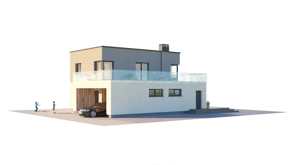 Proiect de casa cu etaj 167 m²: 3 Dormitoare, Birou, 2 Bai, Bucatarie deschisa, Garaj