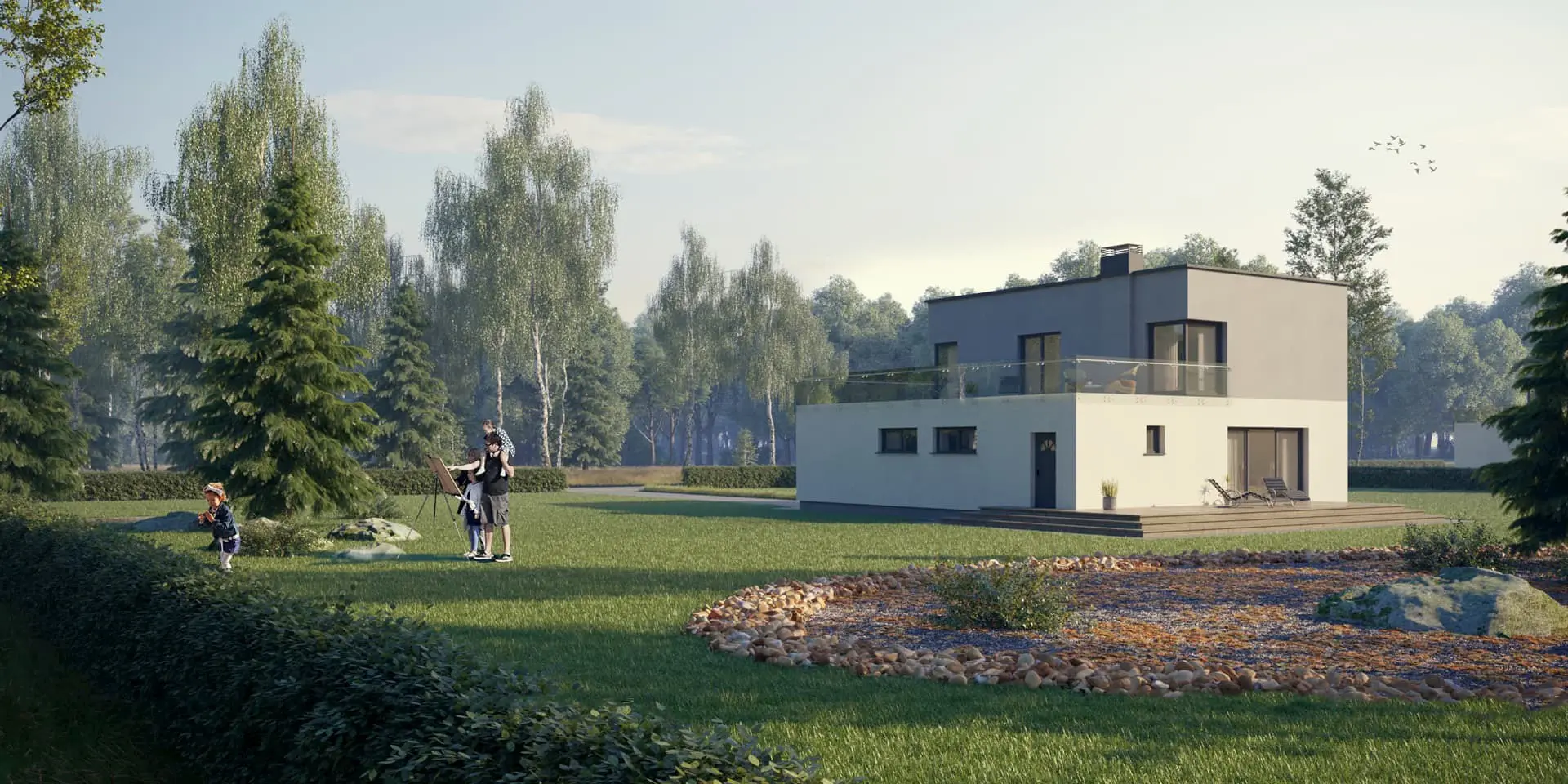 Proiect de casa cu etaj 167 m²: 3 Dormitoare, Birou, 2 Bai, Bucatarie deschisa, Garaj