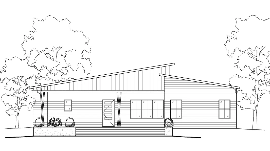 Proiect de casa parter 120 m²: 2 Dormitoare, 2 Bai, Bucatarie deschisa, fara Garaj