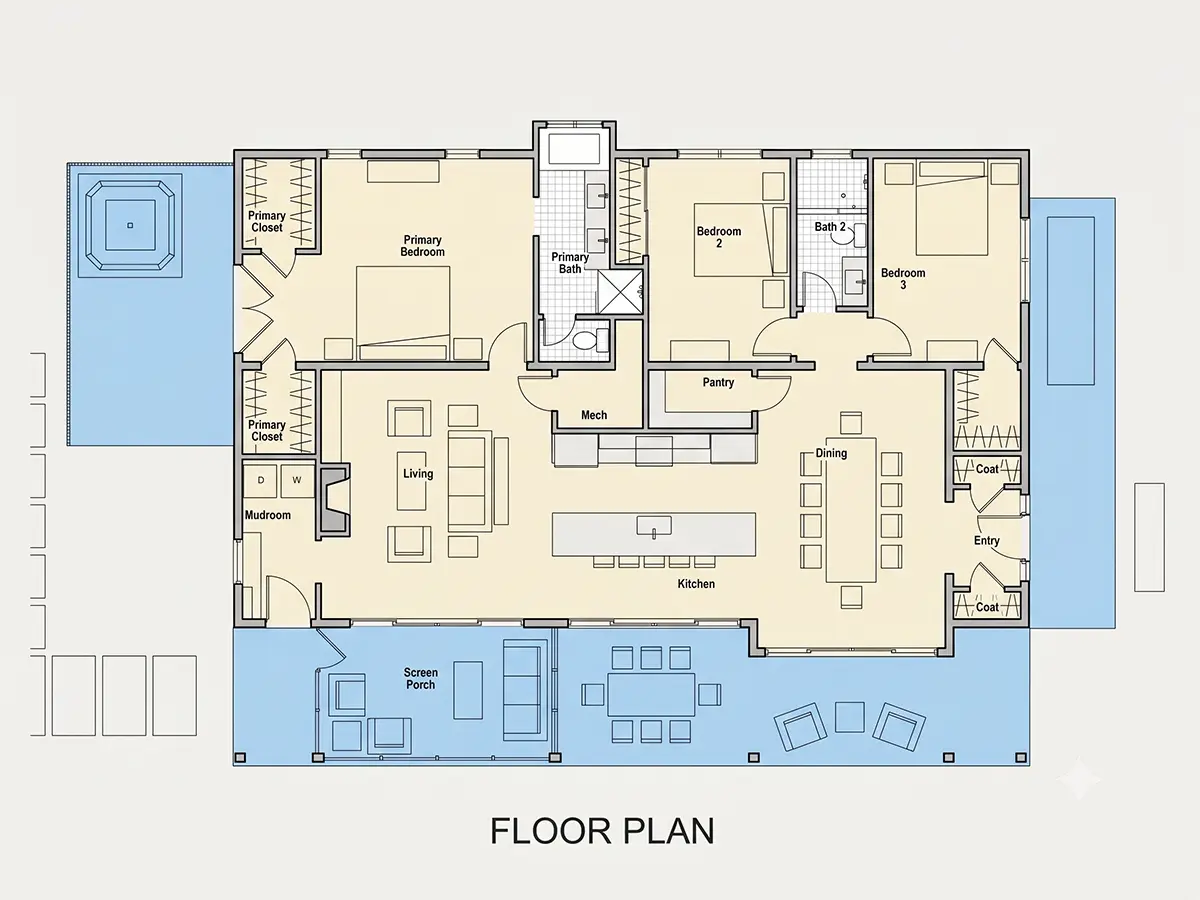 Parter 12 – Proiect de casa parter 173 m²: 3 Dormitoare, 2 Bai, Bucatarie deschisa, fara Garaj — 21419R