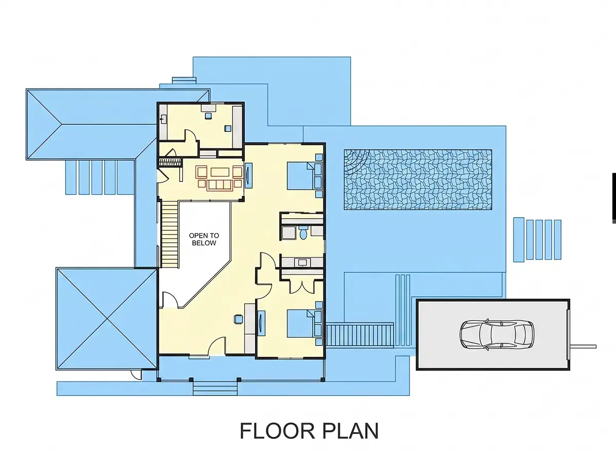 Etaj 1 9 – Proiect de casa parter 347 m²: 4 Dormitoare, Birou, 6 Bai, Bucatarie deschisa, Garaj — 13794R