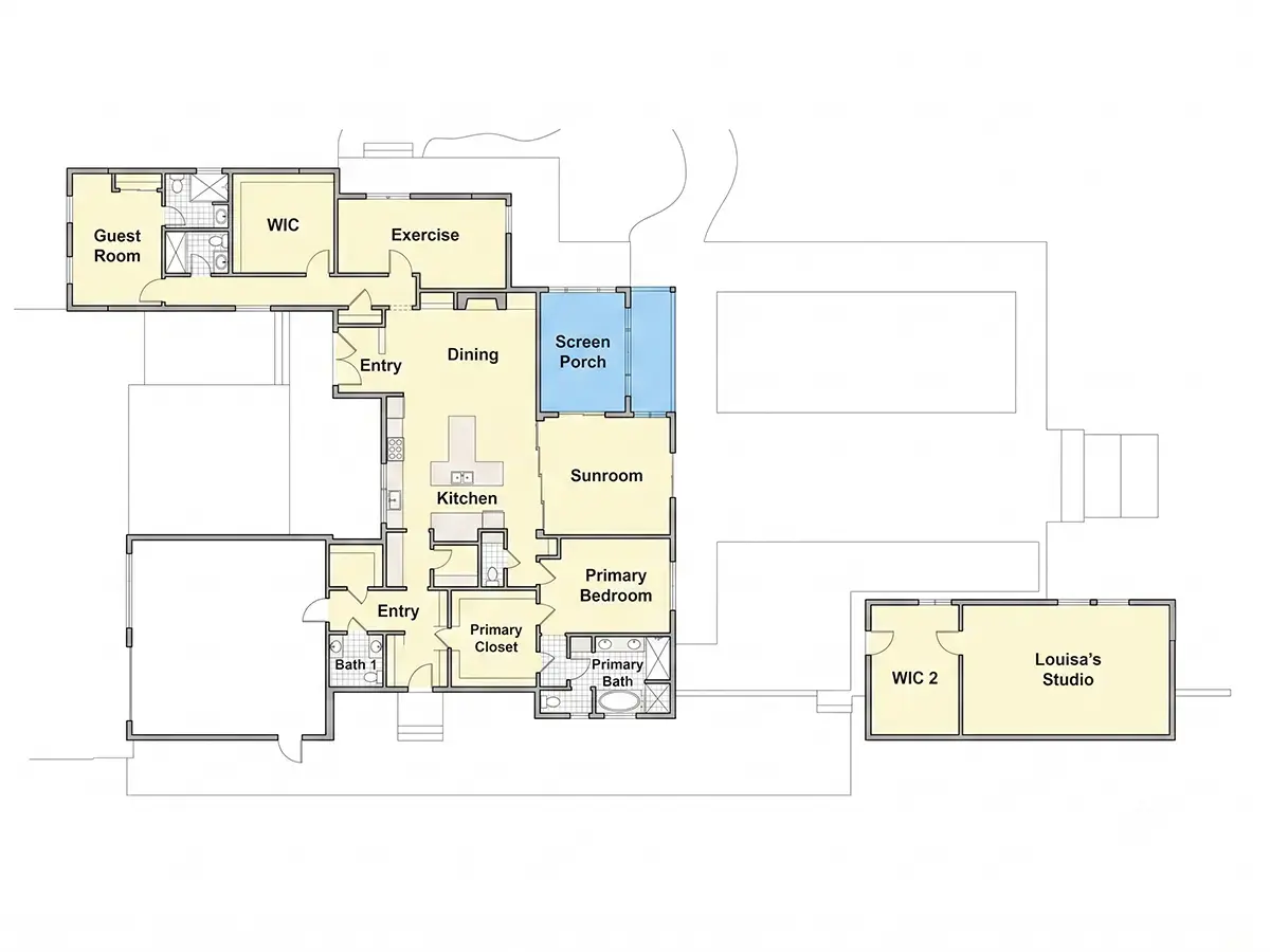 Parter 7 – Proiect de casa parter 347 m²: 4 Dormitoare, Birou, 6 Bai, Bucatarie deschisa, Garaj — 13794R