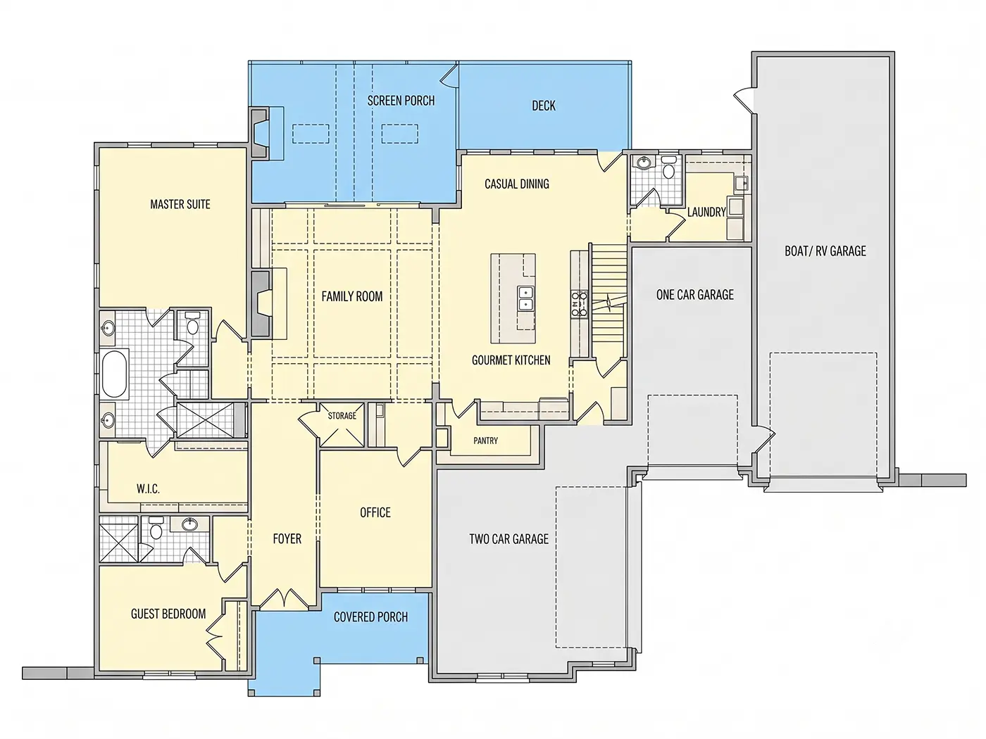 Parter 11 – Proiect de casa parter cu mansardă 440 m²: 4 Dormitoare, Birou, 5 Bai, Bucatarie deschisa, Garaj — 47532R