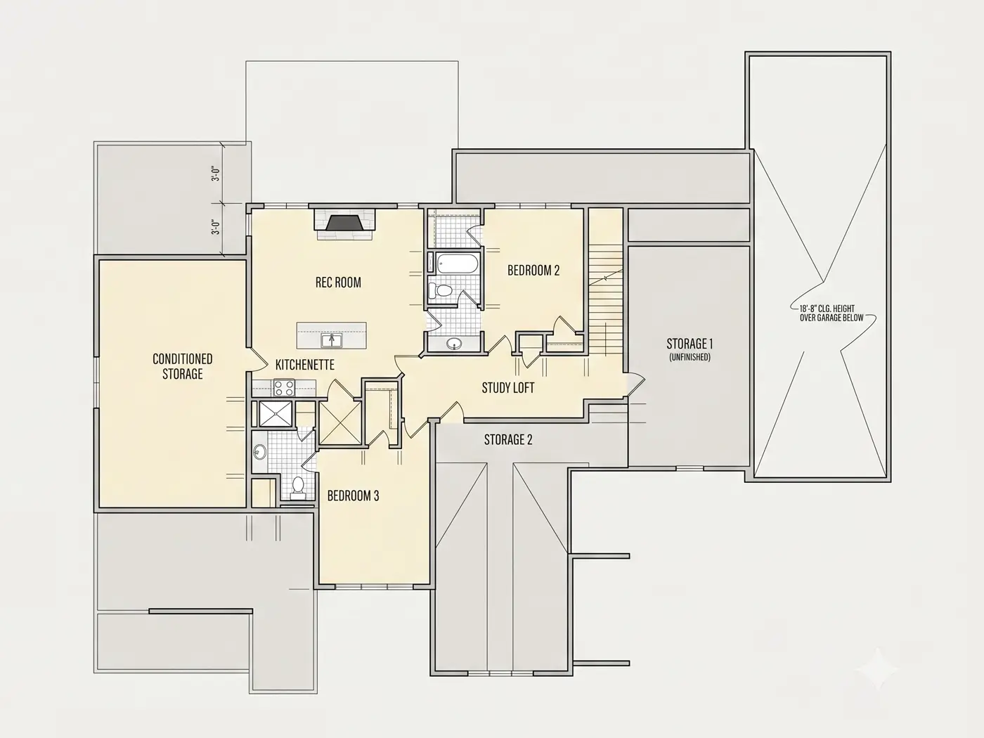 Etaj 1 12 – Proiect de casa parter cu mansardă 440 m²: 4 Dormitoare, Birou, 5 Bai, Bucatarie deschisa, Garaj — 47532R