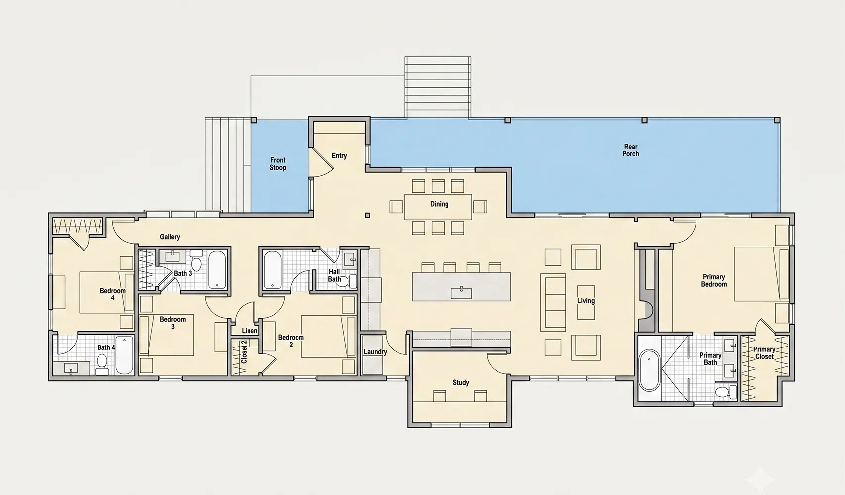 Parter 8 – Proiect de casa parter 196 m²: 4 Dormitoare, Birou, 4 Bai, Bucatarie deschisa, fara Garaj — 31176R