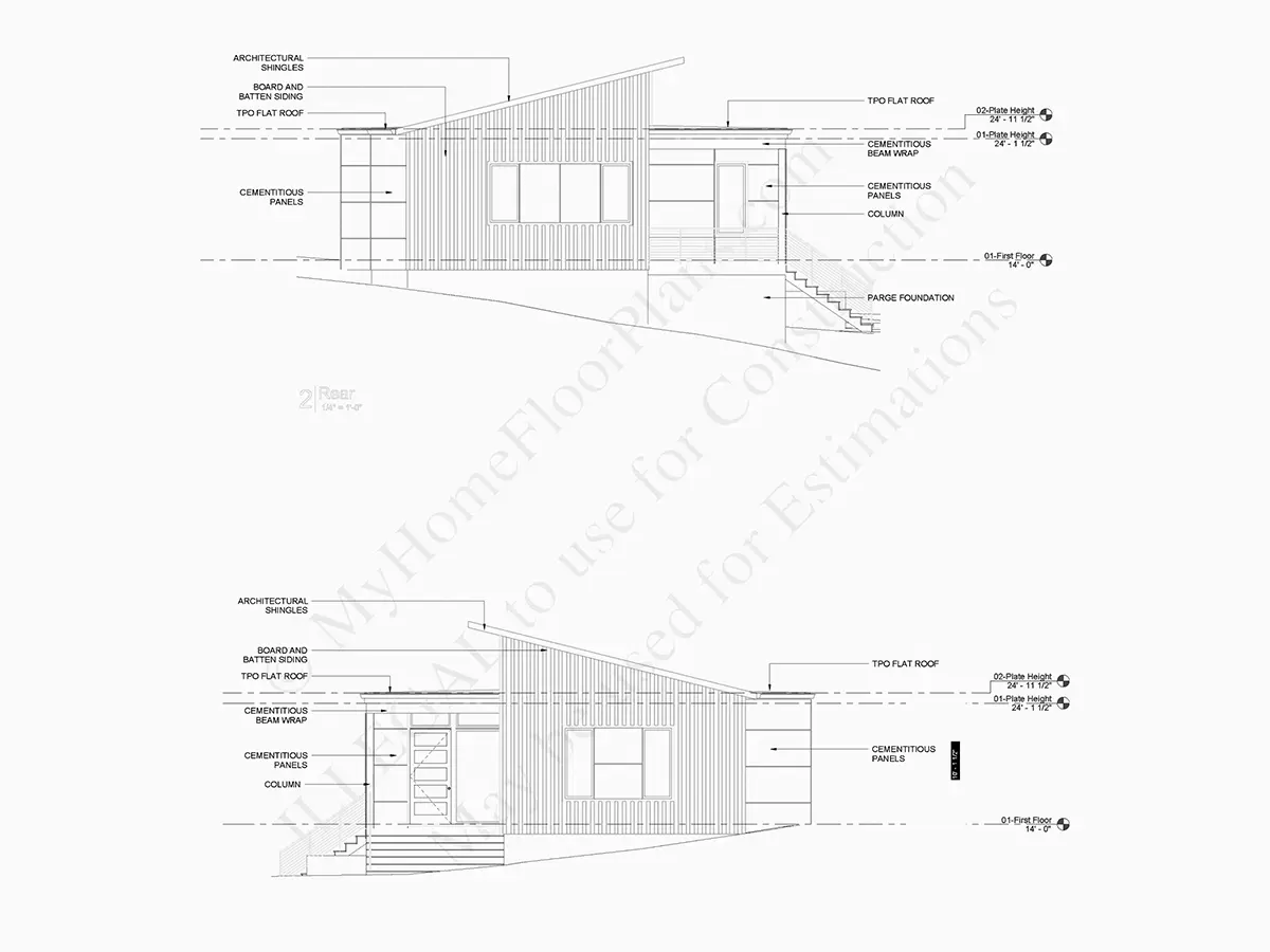 Fațade 6 – Proiect de casa parter 196 m²: 4 Dormitoare, Birou, 4 Bai, Bucatarie deschisa, fara Garaj — 31176R