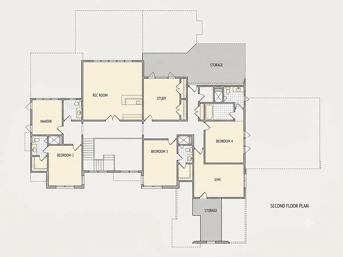 Etaj 1 10 – Proiect de casa cu etaj 582 m²: 4 Dormitoare, Birou, 6 Bai, Bucatarie deschisa, Garaj — 93555R