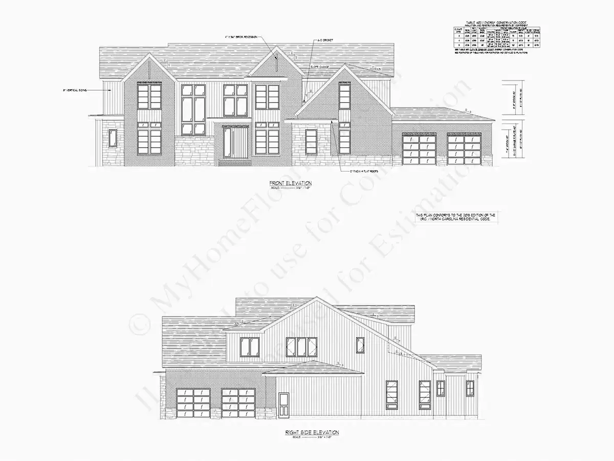 Fațade 7 – Proiect de casa cu etaj 582 m²: 4 Dormitoare, Birou, 6 Bai, Bucatarie deschisa, Garaj — 93555R