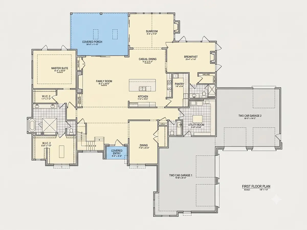 Parter 9 – Proiect de casa cu etaj 582 m²: 4 Dormitoare, Birou, 6 Bai, Bucatarie deschisa, Garaj — 93555R