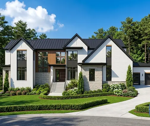 Miniatură 1 – Proiect de casa cu etaj 582 m²: 4 Dormitoare, Birou, 6 Bai, Bucatarie deschisa, Garaj — 93555R