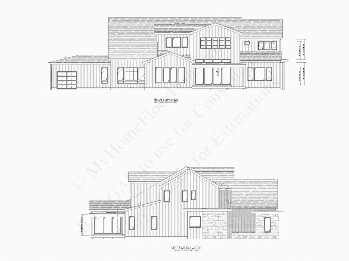 Fațade 8 – Proiect de casa cu etaj 582 m²: 4 Dormitoare, Birou, 6 Bai, Bucatarie deschisa, Garaj — 93555R