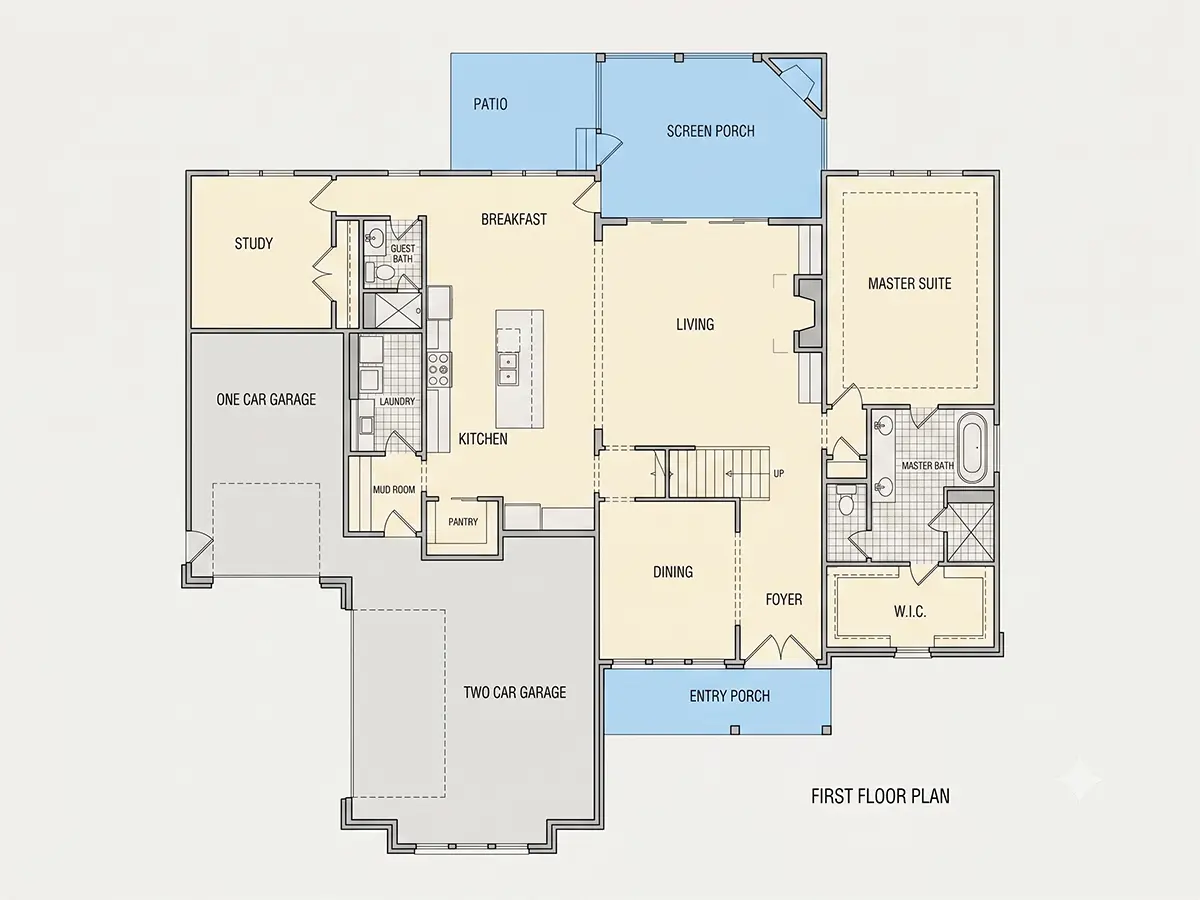 Parter 10 – Proiect de casa parter cu mansardă 413 m²: 4 Dormitoare, Birou, 4 Bai, Bucatarie deschisa, Garaj — 46929R
