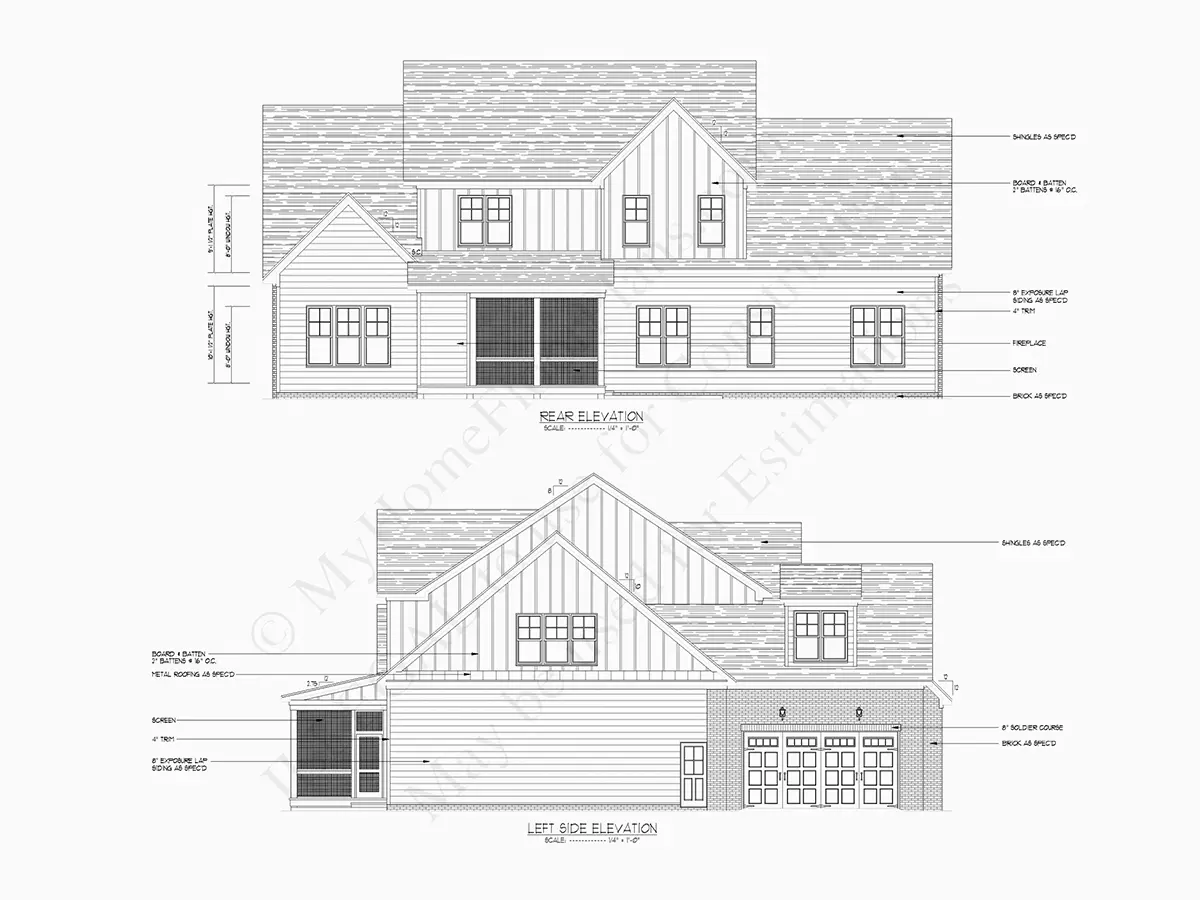 Fațade 2 – Proiect de casa parter cu mansardă 413 m²: 4 Dormitoare, Birou, 4 Bai, Bucatarie deschisa, Garaj — 46929R