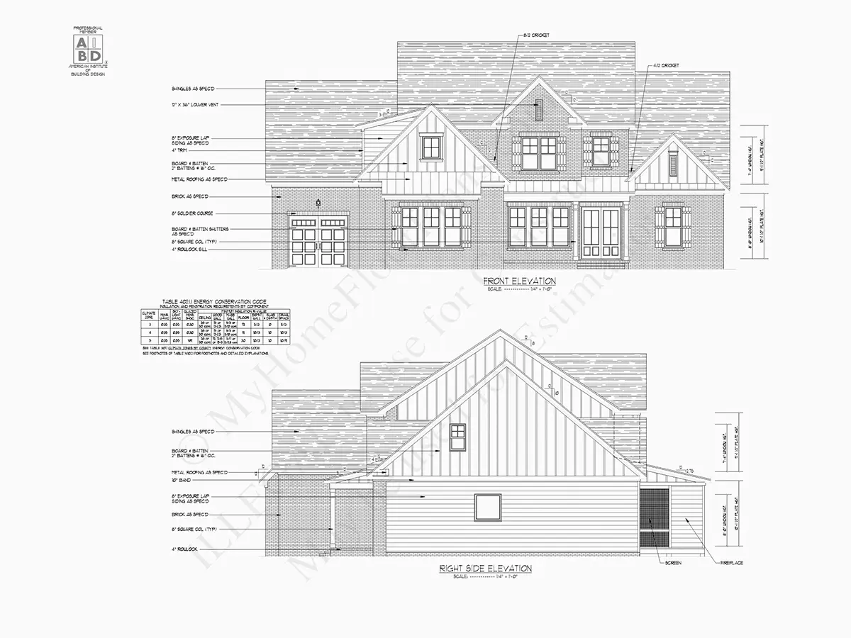 Fațade 1 – Proiect de casa parter cu mansardă 413 m²: 4 Dormitoare, Birou, 4 Bai, Bucatarie deschisa, Garaj — 46929R