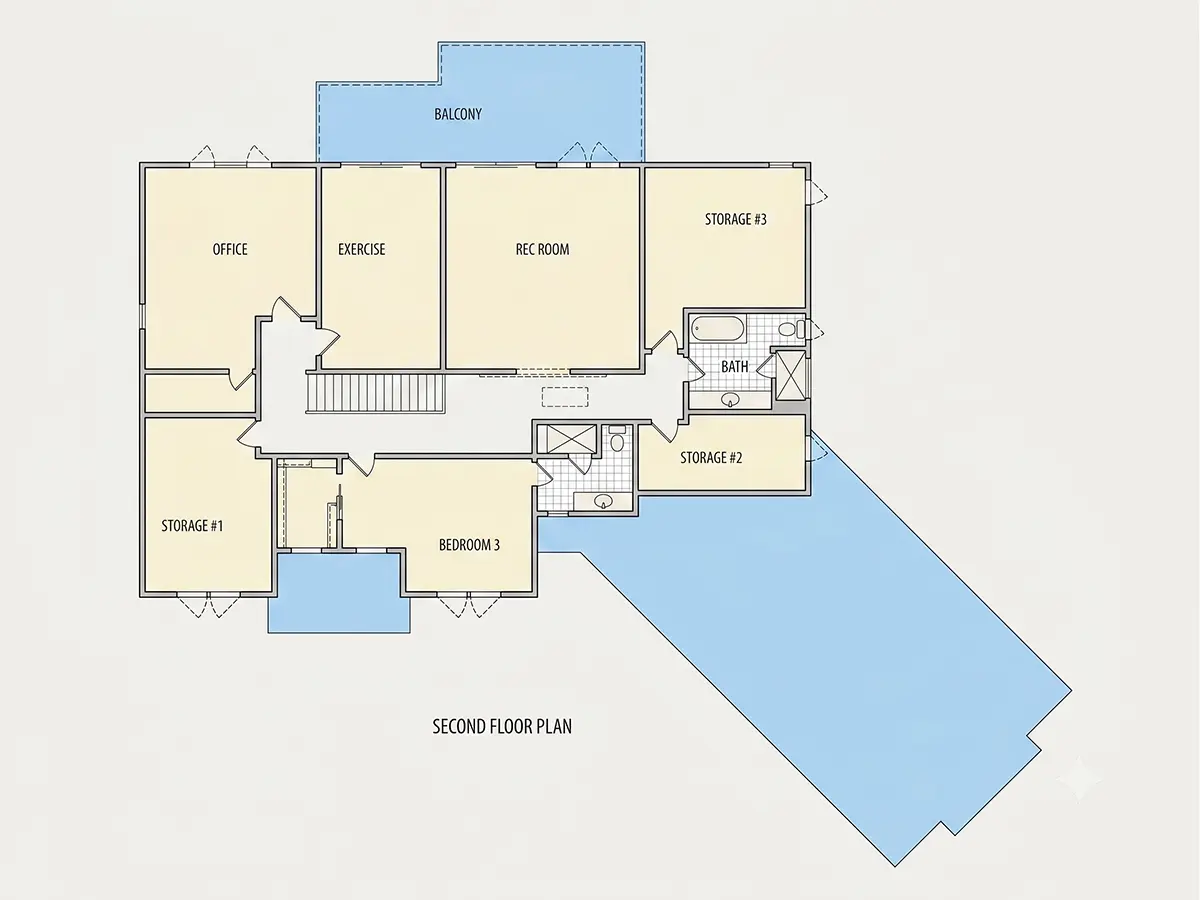 Etaj 1 12 – Proiect de casa cu etaj 483 m²: 5 Dormitoare, Birou, 5 Bai, Bucatarie deschisa, Garaj — 22009R